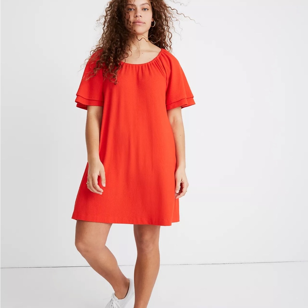 Madewell Texture & Thread Red Orange Tiered Sleeve Dress